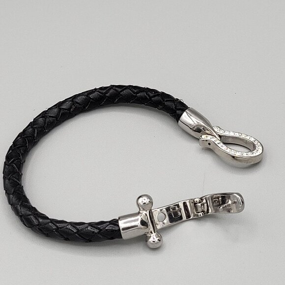 Stainless Steel Horseshoe Bangle Bracelet Black Cord Crystal Accents Snap Close - Picture 4 of 6